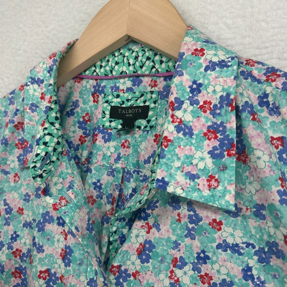 TALBOTS Top Lp Petite Ditsy Floral Button Up Flip Cuff Woven Cotton Aqua Blue
